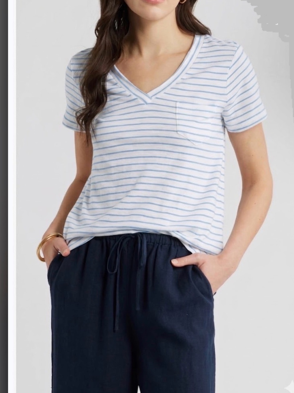 Caslon Blue & White Striped V-Neck Pocket Tee